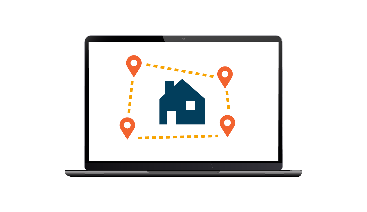 laptop with simplified graphic showing house with mapped area around it